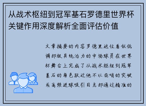 从战术枢纽到冠军基石罗德里世界杯关键作用深度解析全面评估价值