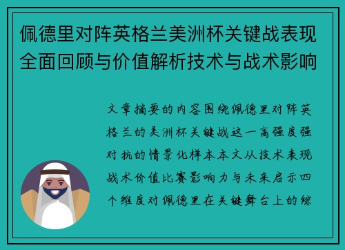佩德里对阵英格兰美洲杯关键战表现全面回顾与价值解析技术与战术影响