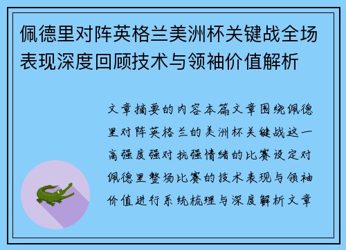 佩德里对阵英格兰美洲杯关键战全场表现深度回顾技术与领袖价值解析